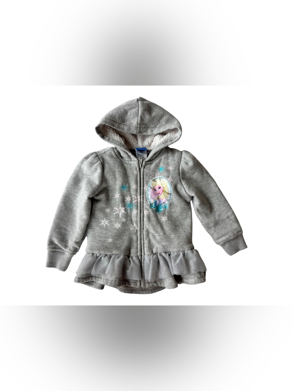 Disney Frozen Elsa Grey Fleece Sherpa Lined Ruffle Zip Up Jacket Toddler 3T